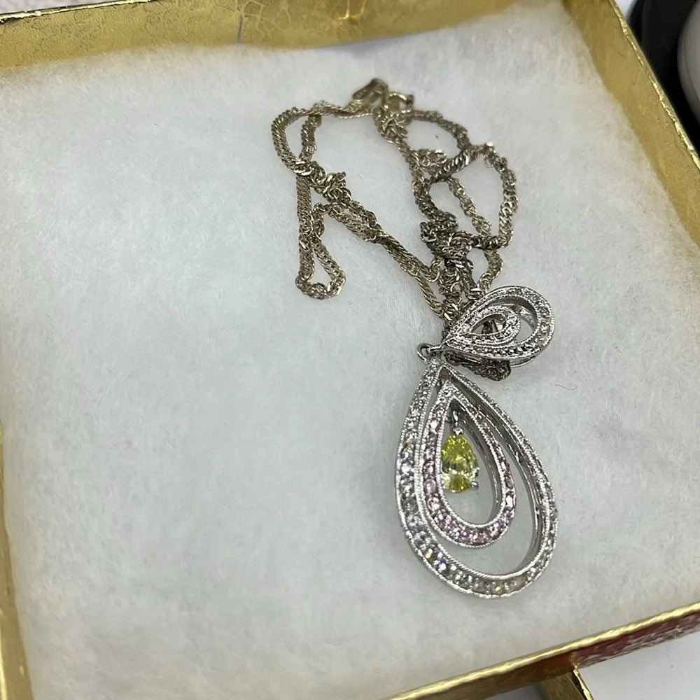 Vintage 925 Sterling Silver Teardrop Pendant Necklace with Peridot & Sapphire - Picture 9 of 13